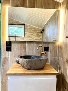 a bathroom with a large stone sink on a wooden counter at The Cottage in Bocholt