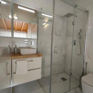a bathroom with a shower and a sink at Casa d´ Avó Glória in Alvoco das Várzeas