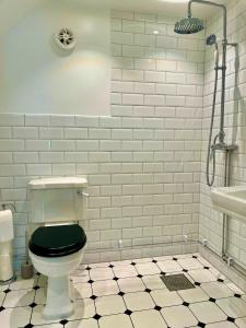 a bathroom with a toilet with a black seat at Historic apartment near the city by the water in Solna