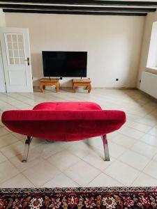 ein rotes Sofa im Wohnzimmer mit einem TV in der Unterkunft HandwerkerZimmer in Düsseldorf