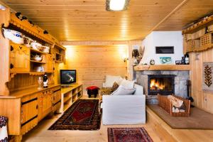 a living room with a fireplace in a log cabin at DOMKI JANOSIK - Janosik Góralski z kominkiem in Łopuszna