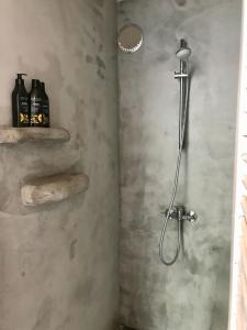 La salle de bains est pourvue d'une douche avec un pommeau de douche. dans l'établissement Staying with the artist, à Teuven