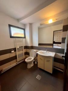 a bathroom with a toilet and a sink and a mirror at Complex Popas Pacurari in Iaşi