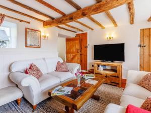 a living room with a couch and a tv at Elsies Cottage in Pontesbury
