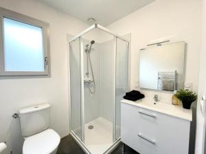 a bathroom with a shower and a toilet and a sink at LE TROPICAL - Terrasse & Parking in Mont-de-Marsan