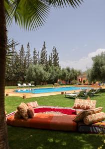 eine Couch im Gras neben einem Pool in der Unterkunft Tiguemine Sarah in Marrakesch