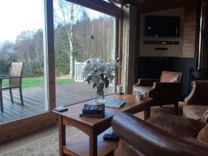 un soggiorno con un vaso di fiori su un tavolo di Fern Lodge - Luxury Lodge with steamroom in Perthshire a Perth