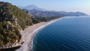 an aerial view of a beach next to the ocean at Jasmin Pansiyon Çıralı in Cıralı