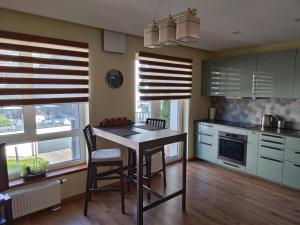 a kitchen with a table and chairs and windows at Apartments Franny's Bees in Vilnius