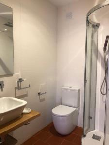 a bathroom with a toilet and a sink and a shower at Apartamentos Montemar in Navia