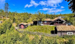 een huis met een grasdak op een heuvel bij Vasethytta - cabin with a lovely view in Brujordet