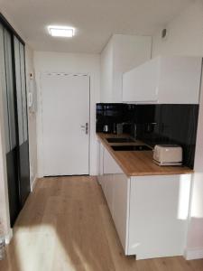 een keuken met een witte deur en een aanrecht bij Appartement '' L'Ossau '' hyper centre Place Clémenceau in Pau