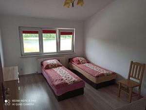 two beds in a room with two windows at Agro nad jeziorem in Miastko
