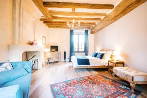 a bedroom with a bed and a couch and a fireplace at Manoir de Jouralem in Blaison