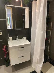 bagno con lavandino bianco e specchio di Studio - Carré de Soie Vaulx en Velin a Vaulx-en-Velin