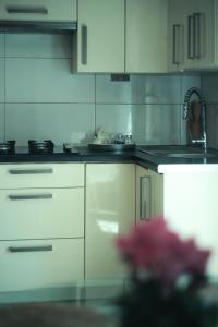 a kitchen with white counters and white cabinets at Zielono Mi Apartament z kominkiem & Pokoje z pięknym widokiem in Janowiec +18 photos