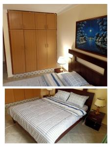 twee foto's van een slaapkamer met een bed en een kast bij Modern Furnished Rooms with Netflix, Kitchen, Living room , Laundry DStv and Free WiFi in Kampala