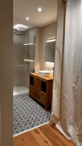 y baño con lavabo y ducha con lavamanos. en La Plonploniere, en Aix-en-Issart