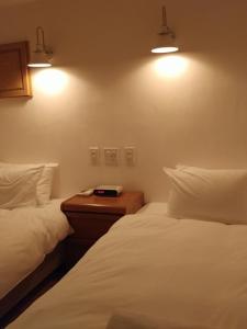 um quarto com duas camas e duas luzes na parede em TOYA LAKEHILL CABIN - The lake view cabin at Lake Toya em Lago Tōya