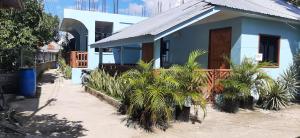 uma pequena casa azul com plantas em frente em A&C Aquino's Guesthouse & Motorbike Rental - Moalboal em Moalboal