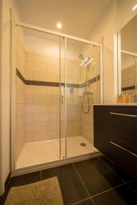 La salle de bains est pourvue d'une douche avec une porte en verre. dans l'établissement La Maison de Beaume, à Créancey