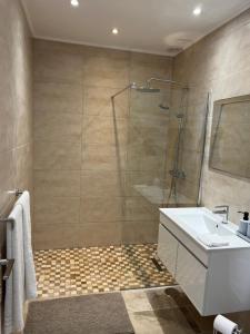 a bathroom with a shower and a sink at Luxueux Appartement à Ténérife Vue féerique sur l'océan à 360 degrés in Callao Salvaje