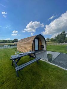 Cabaña de madera con mesa de picnic en el césped en Eastridge Glamping - Camping Pods en Shrewsbury