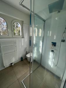 a bathroom with a glass shower and a toilet at Casa Segnale in Ascona