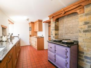 a kitchen with a purple stove and a brick wall at Wesley House in Shepton Mallet