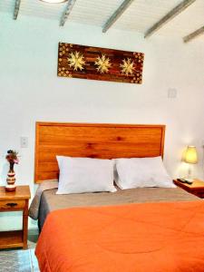 a bedroom with a bed with a wooden head board at Casa Temporada Tiradentes in Tiradentes