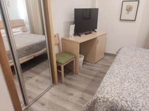 a bedroom with a bed and a desk with a television at Nap Carta Puebla in Oviedo