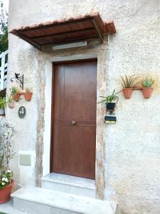 Aromi di Sicilia Casa Vacanze في باليرمو: باب بني على جانب مبنى به نباتات الفخار