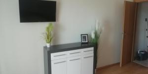 a living room with a tv on a wall at Apartmani kod Rade in Pakoštane
