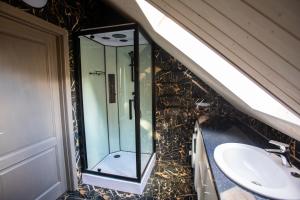 a bathroom with a glass shower and a sink at Medsedis Plateliai in Plateliai