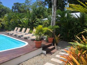 un patio trasero con piscina, sillas y terraza de madera. en Alloro Jungle Villas, en Puerto Viejo