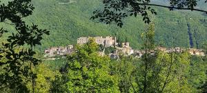 una ciudad al lado de una montaña con árboles en Casa Pasquina, en Rocca Sinibalda