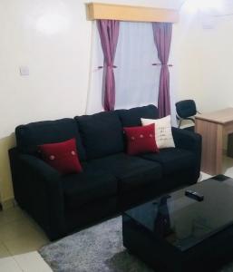 ein Wohnzimmer mit einem schwarzen Sofa und roten Kissen in der Unterkunft Joshua’s place: cosy furnished one bedroom apt in Meru