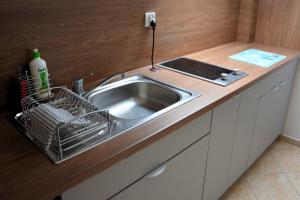 a kitchen counter with a stainless steel sink at PARADISE Apartamenty in Charzykowy