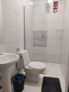 ein weißes Bad mit einem WC und einem Waschbecken in der Unterkunft Hotel & Restaurante Frezza in Francisco Beltrão
