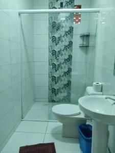 uma casa de banho com um WC, um lavatório e um chuveiro em Hotel & Restaurante Frezza em Francisco Beltrão
