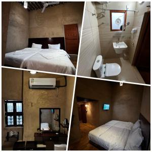 a collage of four pictures of a hotel room at Bait Baityn بيت البيتين in Misfāh