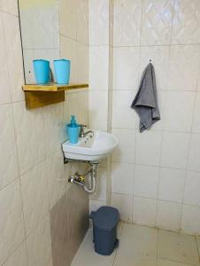 La salle de bains est pourvue d'un lavabo et de tasses bleues sur le mur. dans l'établissement Stylish centrally located apt: secure,WiFi&parking, à Meru