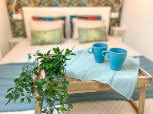 due tazze blu su un tavolo di legno con una pianta di Apartament Sunrise ad Adeje Altre 51 foto