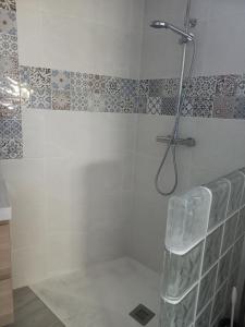 y baño con ducha con cabezal de ducha. en Casa Los Granainos, en Albaida del Aljarafe