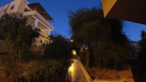 eine Straße in der Nacht mit Bäumen und einem Gebäude in der Unterkunft Petra Antique House in Wadi Musa
