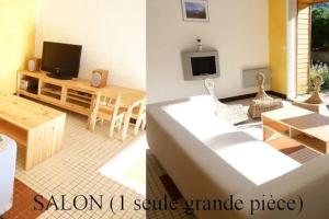een woonkamer met een televisie en een woonkamer met een tafel bij Maison lumineuse et spacieuse avec terrain in La Bourboule