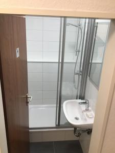 a bathroom with a shower and a sink at VerwöhnWohnungDeluxe in Wuppertal