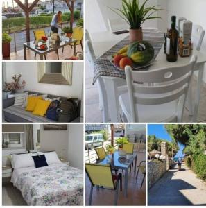 a collage of photos with a table and chairs and a table and a table at Cozy Home (close to the beach) in Nea Kydonia