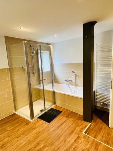 a bathroom with a shower and a bath tub at Das Haupthaus in Werneck