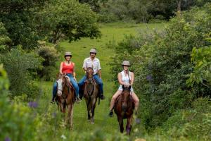 three people riding horses on a field at Rinconcito Lodge in Hacienda Santa María